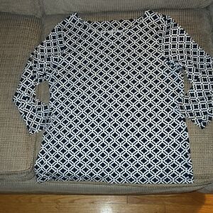Talbots Navy Blue & White Pattern, Petite Medium, Scallop Neckline, 3/4 Sleeves